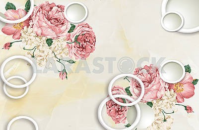 3д иллюстрация, светло-бежевый фон, белые кольца, большие розовые и белые сказочные цветы										