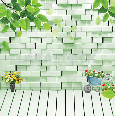 3д иллюстрация, белая кирпичная стена с зеленой подсветкой, ветки с зелеными листьями, цветы в вазонах										
