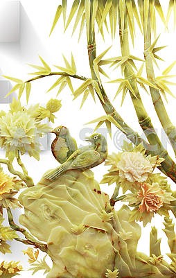 3д иллюстрация, мраморный фон, две птицы сидят на скале под пальмой										