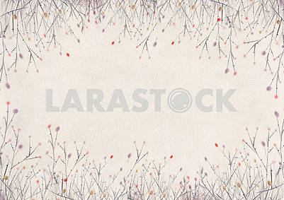 Бежевый винтажный фон, ветки без листьев в виде рамки										