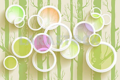 3д иллюстрация, белые кольца с цветными кругами, нарисованные деревья на заднем плане иллюстрации										