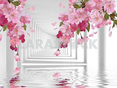 3д иллюстрация, белые колонны, коридор, свет и тень, розовые сказочные цветы, отражение в воде										