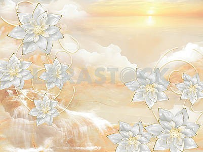 3д иллюстрация, бежевый мраморный фон, восход, серебристые сказочные цветы										