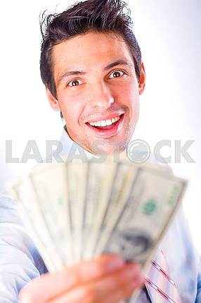 Бизнесмен предлагает деньги , улыбки , изолированных в белом фоне