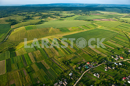 Вид с воздуха на зеленые и желтые поля и сельскую местность