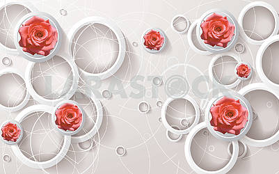3д иллюстрация, светлый фон, белые кольца, белые линии, бутоны розовых роз										