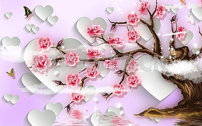 3д иллюстрация, мягкий розовый фон, белые бумажные сердечки, цветущее дерево										