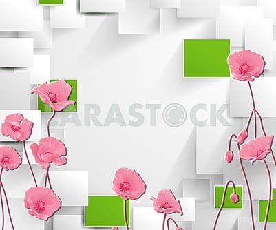 3д иллюстрация, светлый фон, серые и зеленые прямоугольники, розовые маки										