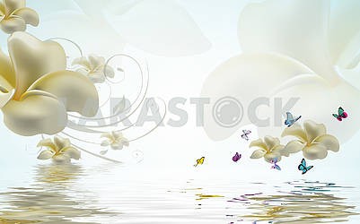3д иллюстрация, белый фон, большие желто-белые бутоны сказочных цветов, бабочки, отражение в воде										