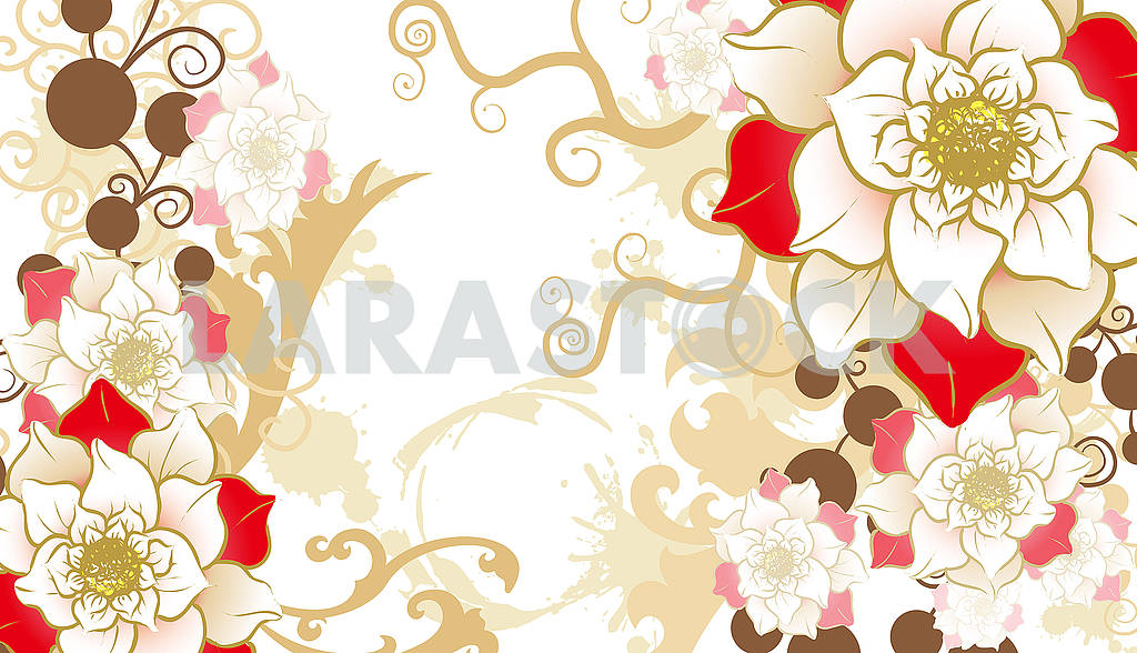 Ornamental illustration, flowers, white, beige, brown and red. — Image 81690