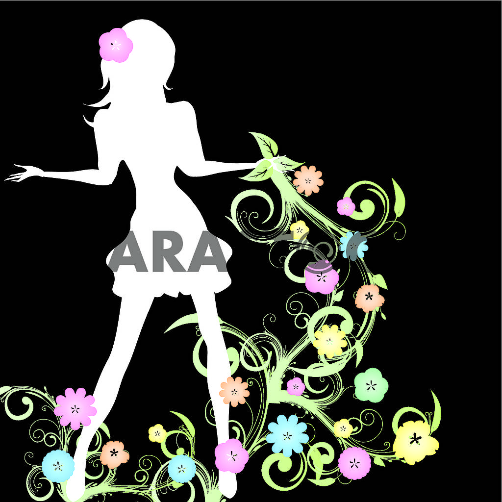 Spring background with slim girl silhouette and flowers swirl ...