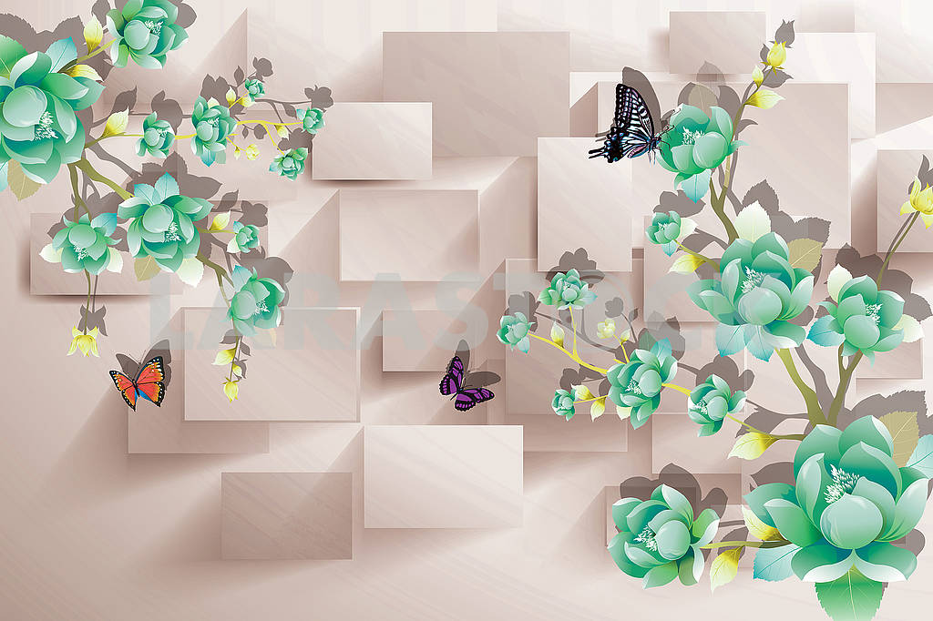 3D illustration, beige background, rectangles, green flowers and butterflies — Image 81733