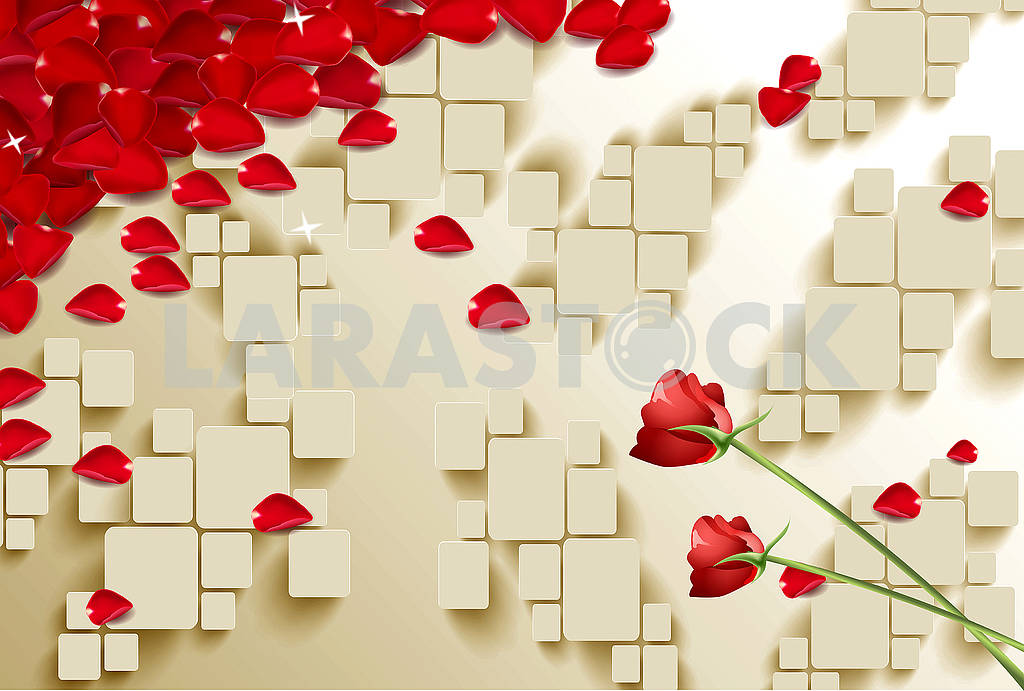 3d illustration, beige background, red roses and red rose petals — Image 81863