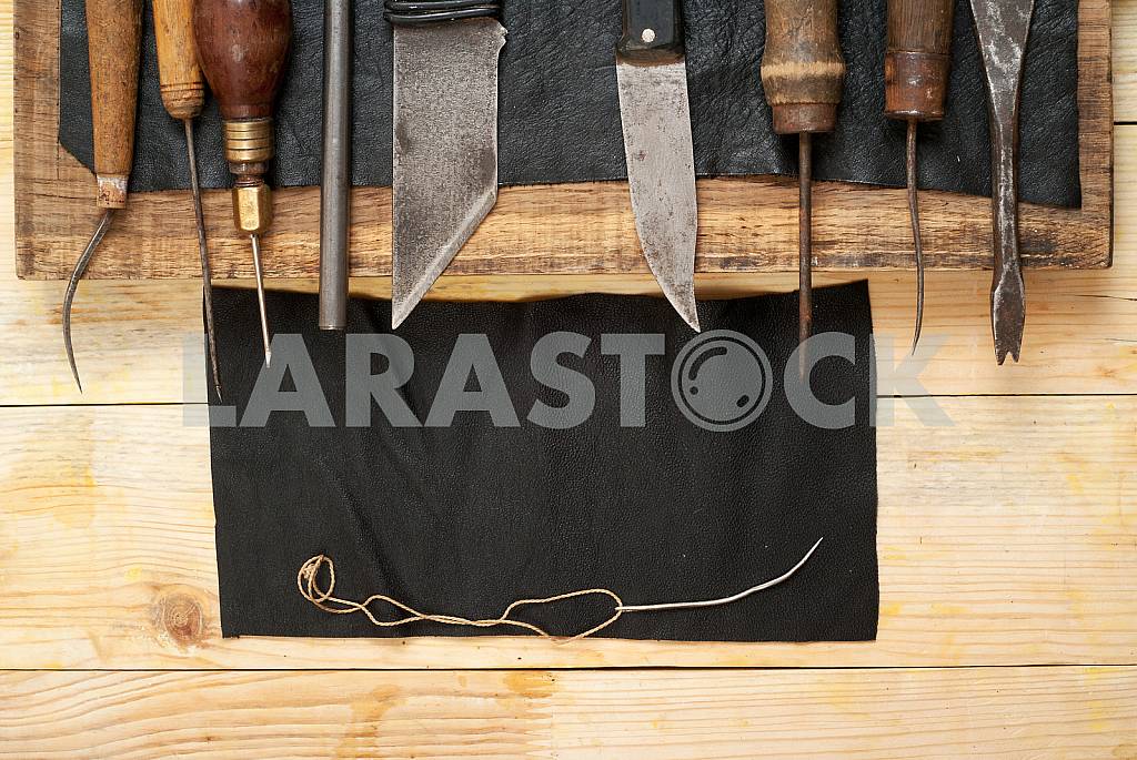 Carpenter tools on wooden table with sawdust. Circular Saw. — Image 43183