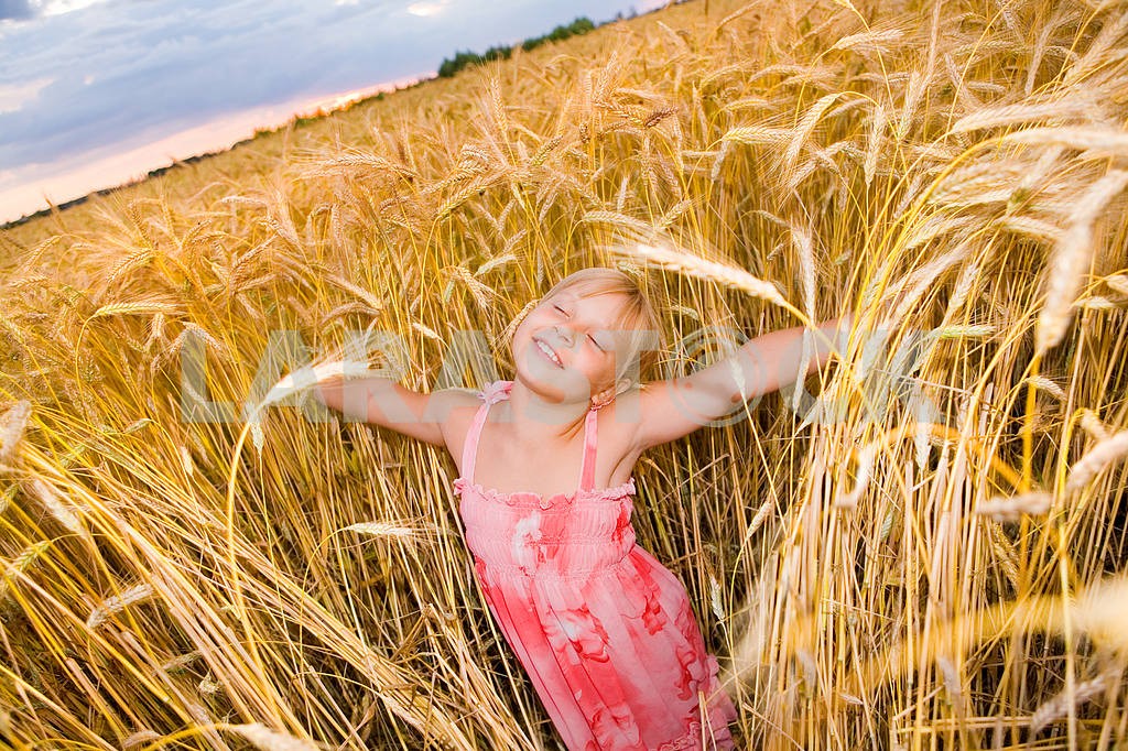 Little girl in a wheat field with open arms — Image 11614