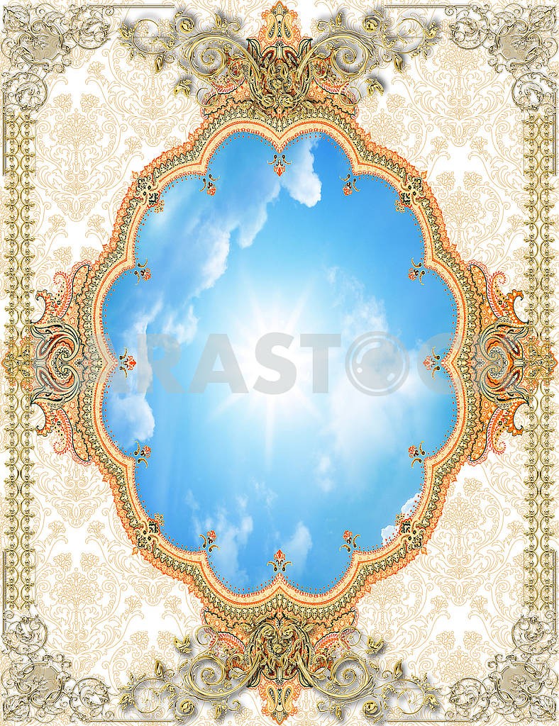 Ornamental background, gilded frame, blue sky with clouds — Image 82035