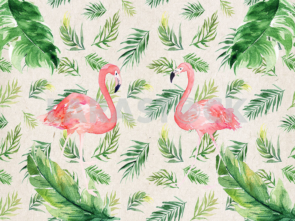 Abstract illustration, beige textured background, green drawn feathers of different sizes, two pink flamingos — Image 82196