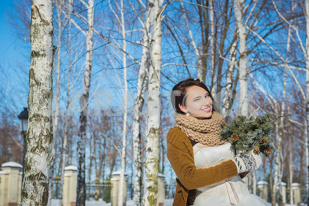 Красивая невеста в солнечный зимний день за березой. Снежная погода. Небо и деревья на заднем плане. Девушка в коротком свадебном платье, деревенском стиле улыбается — Изображение 53067