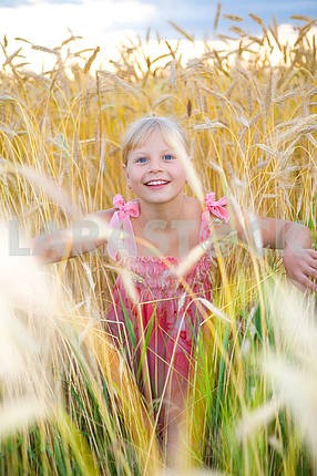 Little girl in a wheat field. Against backdrop of cloudy skies