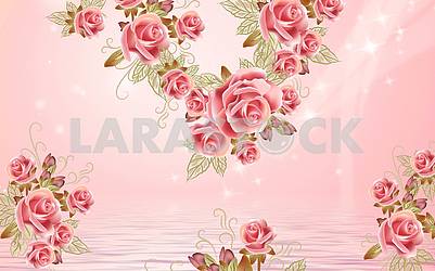3d illustration, delicate pink background, water, beautiful large pink roses