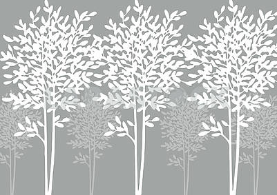 Gray background, white and light gray outlines of trees