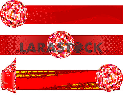 Three colorful red banners with disco balls