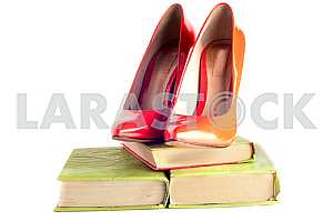 Bright, multicolored female shoes on high heels