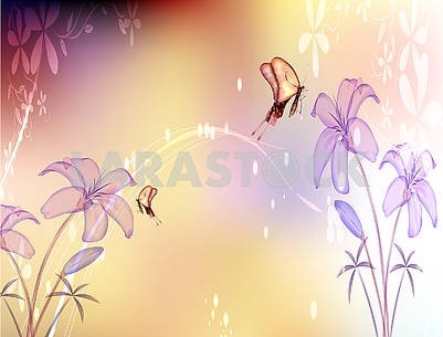 Pastel background, wavy lilies, translucent lilies, two butterflies