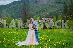 Wedding in mountains, a couple in love, mountains background, standing surrounded dandelions, among the lawn with the green grass, rustic style, girl in long tulle dress, romantic landscape, kissing