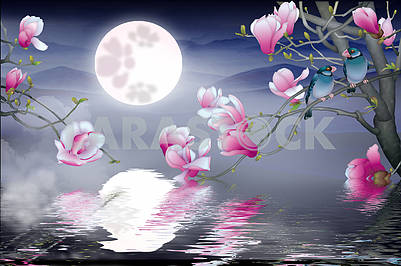 Full moon in the night sky, a reflection of the moon in the water, a tree with pink flowers, two birds on a branch