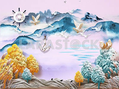 Пейзажная иллюстрация, холмы, туман, озеро, птицы, синие и желтые деревья, белый якорь и руль										