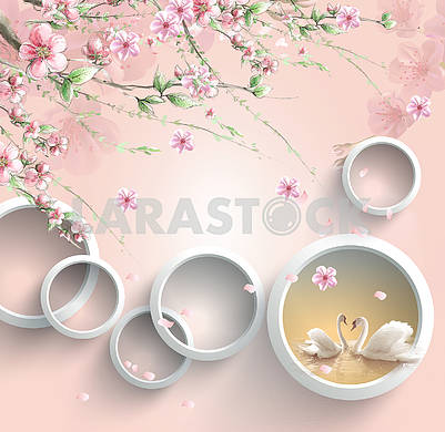 3d illustration, light pink background, white rings, branches with pink flowers, two swans on the water