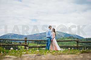 Wedding walk on nature, Happy Bride and Groom Wedding Day, Loving couple marriage, Newlyweds outdoors portrait, soft light, series