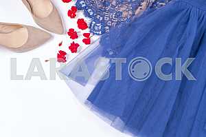 Woman clothes and accessories. Soft blue colors female apparel.