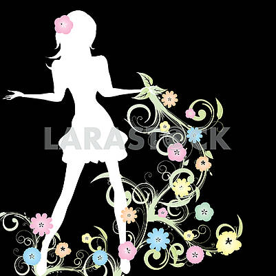 Spring background with slim girl silhouette and flowers swirl