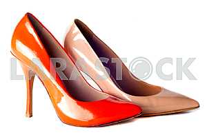 Bright, multicolored female shoes on high heels