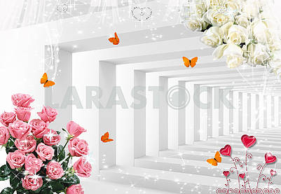 3d illustration, square columns, sparkles, pink and white roses, orange butterflies, red hearts, heart-shaped necklaces
