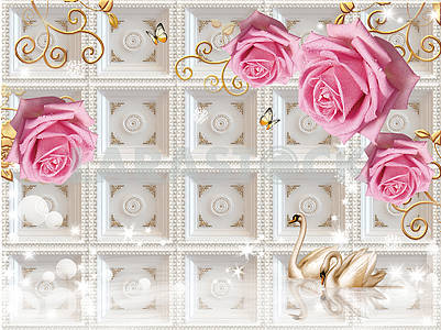 3d illustration, white background, embossed tile, large buds of pink roses with water drops on ornamental golden branches, two swans in the water