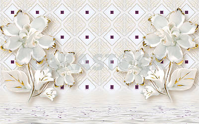 3d illustration, beautiful light background, white gilded fabulous flowers, reflected in water