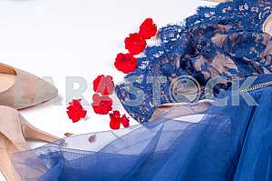 Woman clothes and accessories. Soft blue colors female apparel.