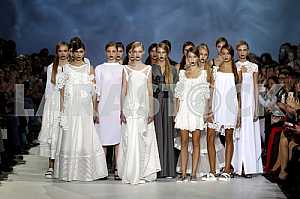 Models pose during a demonstration collection of Ukrainian designer Olena Dats' outfits