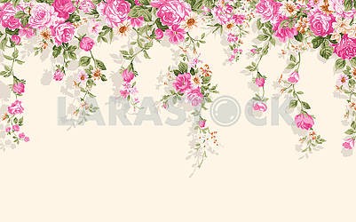 Light background, pink flowers hanging from above