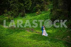 Wedding in mountains, a couple in love, in mountain forrest, standing on the path, among the lawn with the green grass, rustic style, kissing each other, girl in long tulle dress, romantic landscape