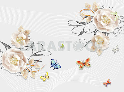Light background with white wavy lines, beige ornamental flowers, colorful butterflies
