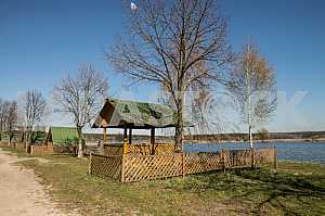 Pavilions around the fishing lake in the spring