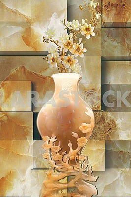Still life, Chinese vase, fabulous gold plated flowers, tiled background