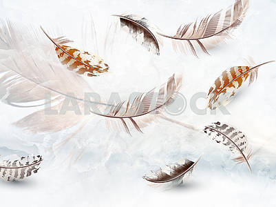 3d illustration, light background, several gray and beige feathers