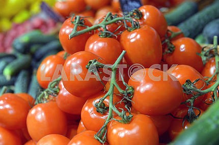 Tomatoes on display in a supermarket