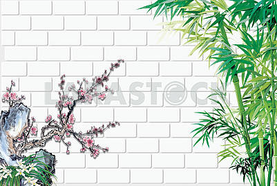 3д иллюстрация, белый фон, кирпичная кладка, зеленый бамбук, цветущая ветка сакуры										
