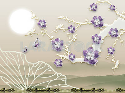 Abstract background, embossed, lilac flowers on the branch, full moon